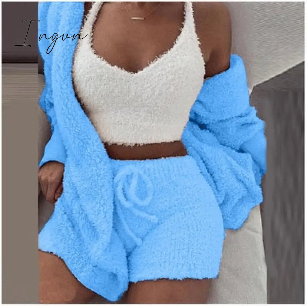 Ingvn - Three Piece Sexy Fluffy Outfits Plush Velvet Hooded Cardigan Coat+Shorts+Crop Top Women Tracksuit Sets Casual Sports Sweatshirt