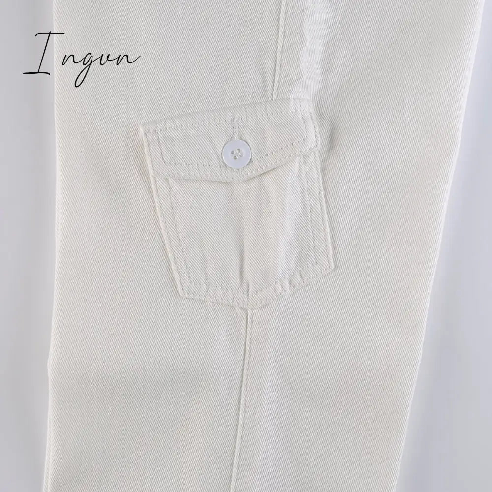 Ingvn - Women Spring Fashion Multi Pockets White Cargo Pants Women Adjustable Low Waist Baggy Wide Leg Jeans Oversized Casual Trousers Retro Bottoms Iamhotty