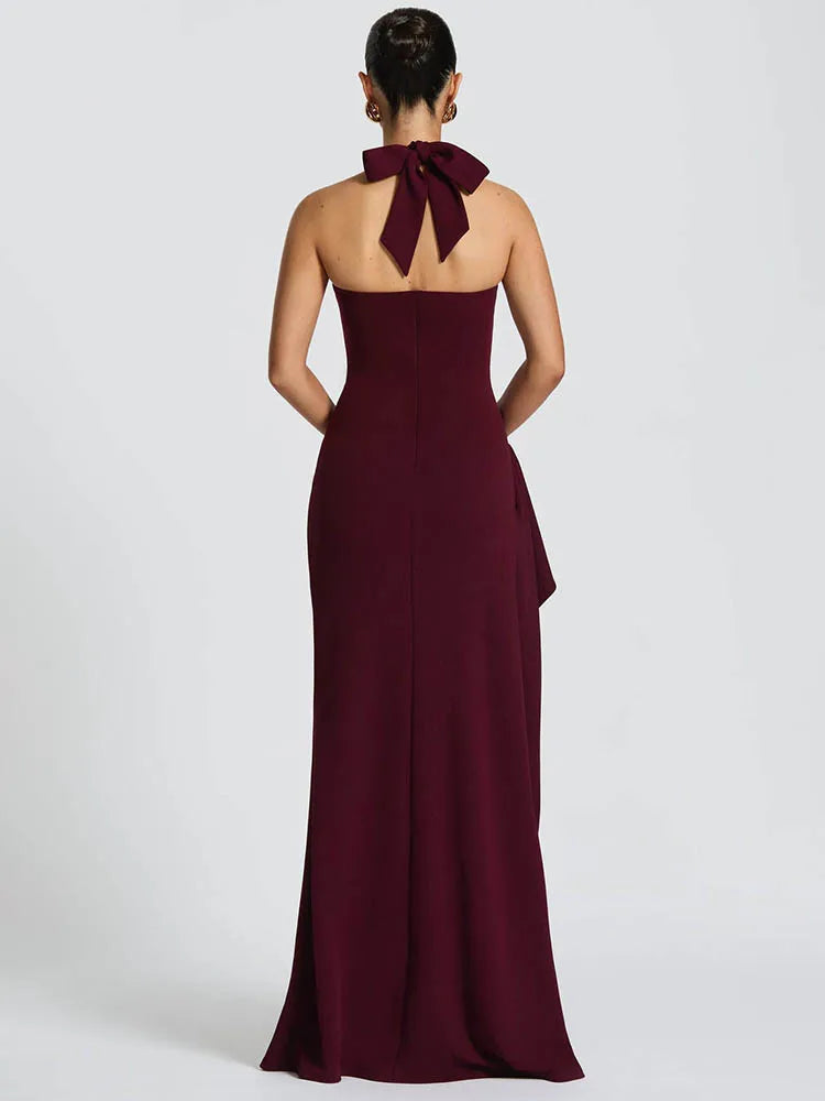 Halter Backless Sexy Maxi Dress Women Fashion Lace-up Sleeveless High Waist Thigh High Split Bodycon Evening Club Dress