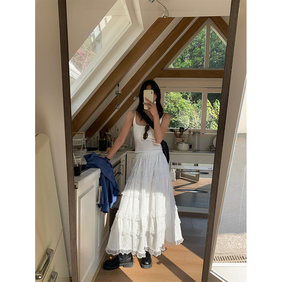 Ballet Style Cake Skirt Women's Spring Korean A- shaped Lace Stitching Mid-length Skirt