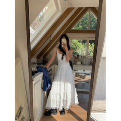 Ballet Style Cake Skirt Women's Spring Korean A- shaped Lace Stitching Mid-length Skirt