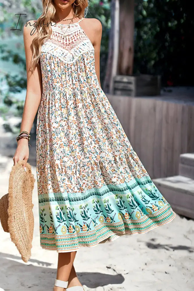 Ingvn - Floral Print Bohemian Style Round Neck Sleeveless Dress