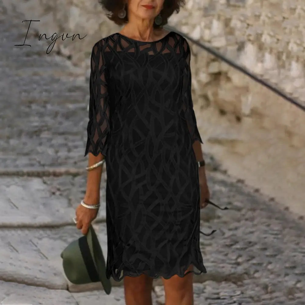 Ingvn - Fashion Trends Embroidered Dress Half Sleeve Casual Dress Sexy See-through Patchwork Lace Party Dress Women Fashion O Neck Loose Pullover Dress