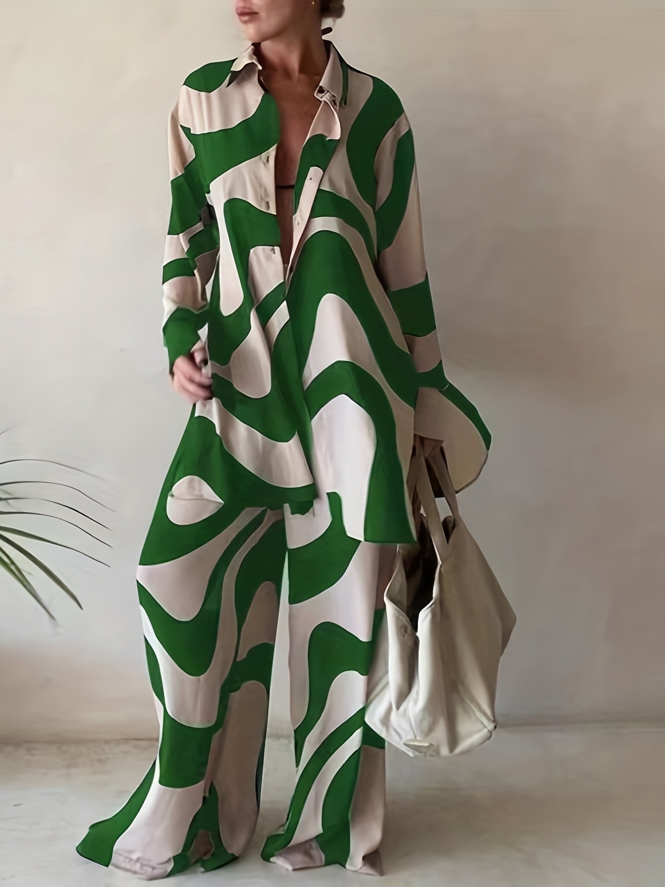 Plus Size Casual Outfits Two Piece Set, Women's Plus Abstract Stripe Print Button Up Long Sleeve Lapel Collar Shirt Top & High Rise Wide Leg Pant Outfits Two Piece Set