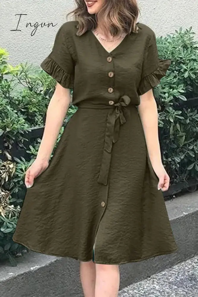 Ingvn - Casual Simplicity Solid Frenulum Buckle Flounce V Neck A Line Dresses