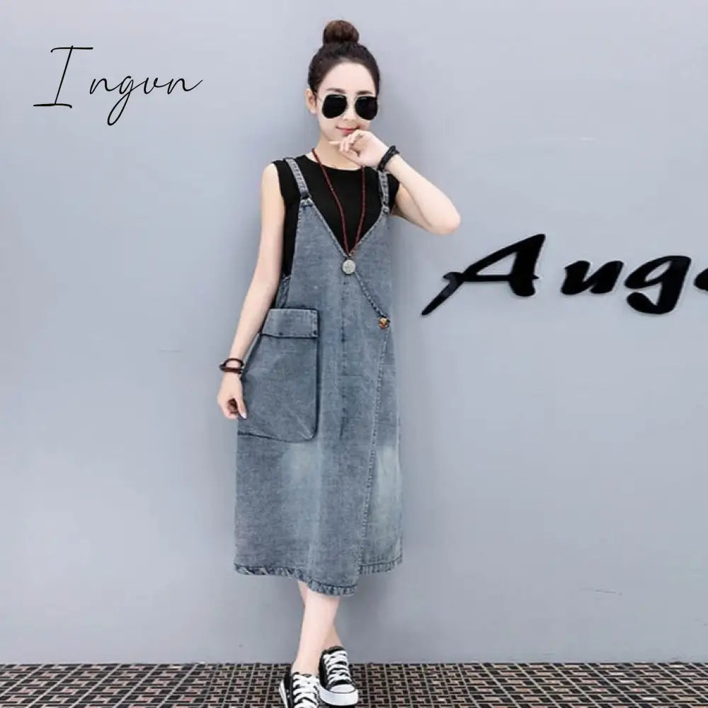 Ingvn - Summer Adjustable Strap Denim Dress Sundress Women Sleeveless  Long  Bandage Dresses for Womens Korean Street Robe Femme 2023