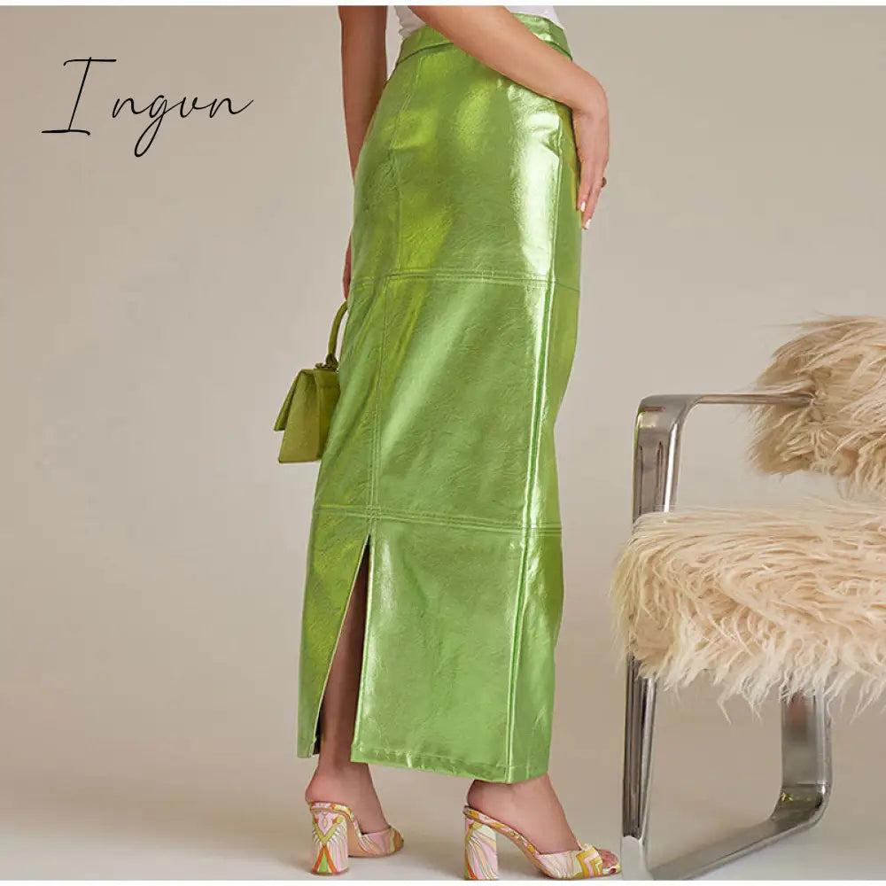Ingvn - PU Leather Green Split Skirt for Women High Waist Hip Package Pathwork Bodycon Maxiskirt Sexy Female Prom Skirt New in 2023