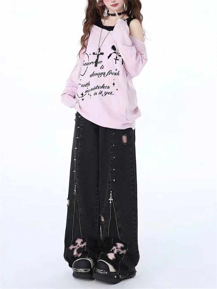 Ingvn  Women's Zipper Splicing Design Black Gray Jeans Cool Girl High Waisted Fashion Loose Pants Female Straight Retro Denim Trousers