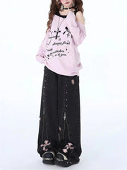 Ingvn  Women's Zipper Splicing Design Black Gray Jeans Cool Girl High Waisted Fashion Loose Pants Female Straight Retro Denim Trousers