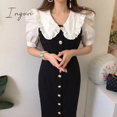Ingvn - Summer Outfits Dress Women Fashion Peter Pan Collar Puff Sleeve Single Breasted Slim Long Vestidos Korean Chic Robe Elegant Female