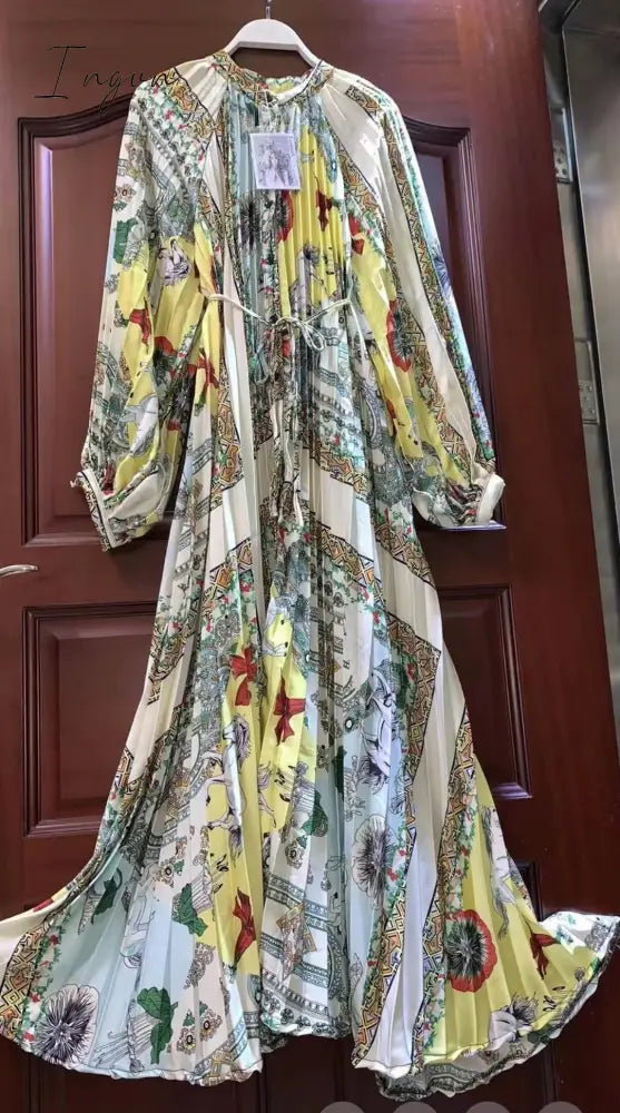 Ingvn - Retro spring and autumn new retro temperament breasted bow halter dress women's long-sleeved irregular knee-length dress