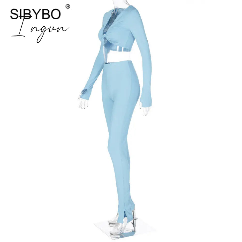 Ingvn - 2 Piece Outfits For Women Sexy Long Sleeve Crop Tops Drawstring Leggings Pants Sets Casual Sporty Sweatpants Tracksuits