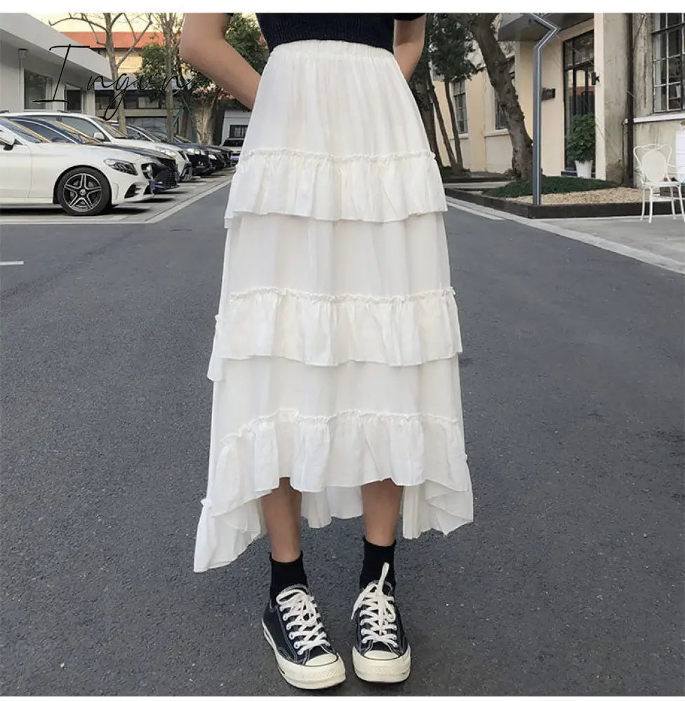 Ingvn - Midi Long Skirts Womens Maxi Skirt Goth Lolita Summer High Waisted Asymmetrical High Low Ruched Ruffle Skirts rok