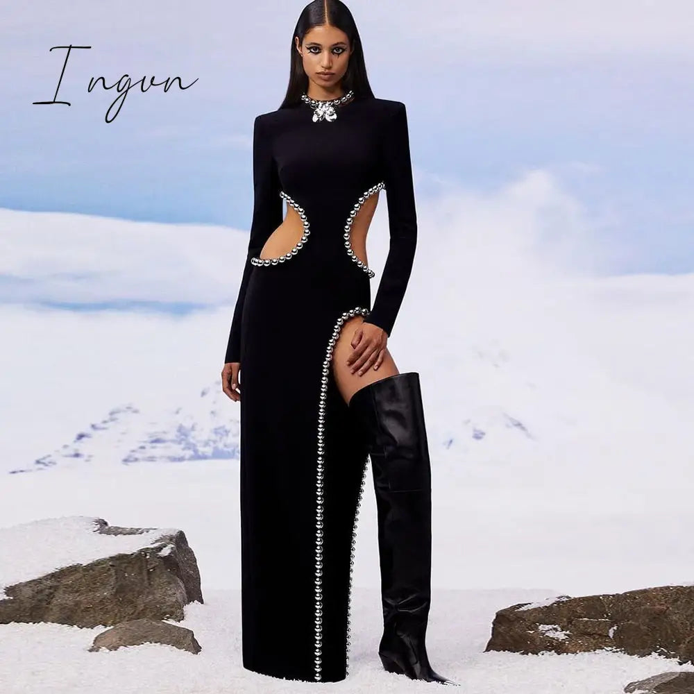 Ingvn - New Style Women's Sexy O Neck Cutout Black Beaded Long Bodyband Dress Elegant Celebrity Party Dress