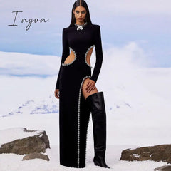Ingvn - New Style Women's Sexy O Neck Cutout Black Beaded Long Bodyband Dress Elegant Celebrity Party Dress