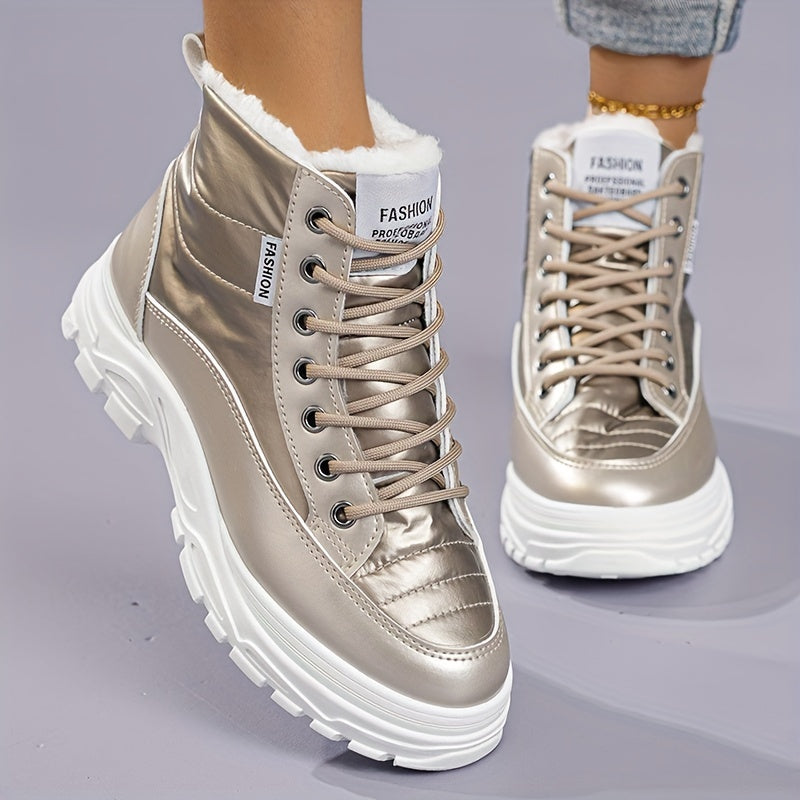 Women'S Winter Thickened Snow Boots High Top Platform Ankle Boots with Warm Fleece Lining, Solid Color, Round Toe, Low Heel, Fabric Insole, Polyurethane PU, Rubber Sole, Hand Washable
