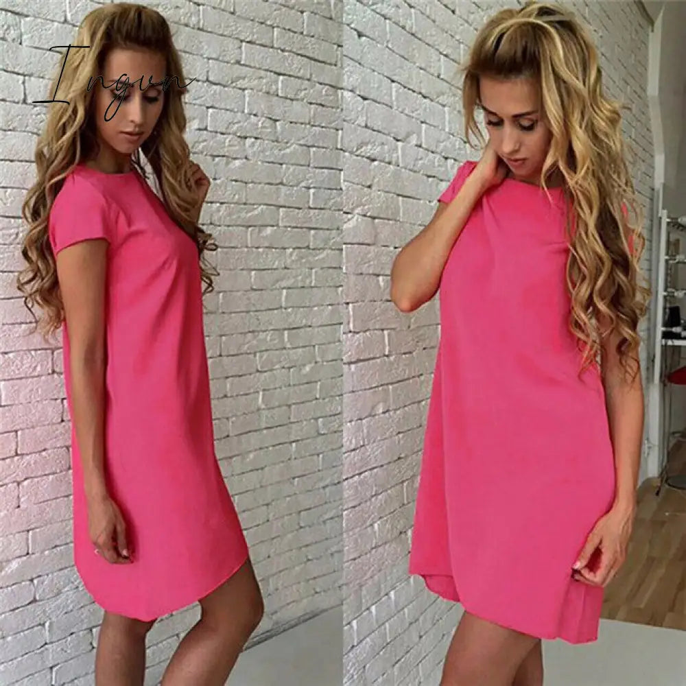 Ingvn - Women Female Short Sleeve Loose Mini Short A-line Dresses Summer Beach Casual Dress Candy Color S-XXL