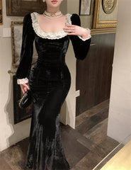 Vintage Fashions Black Long Sleeves Velvet Midi Dresses for Women Autumn New Elegant Chic Evening Birthday Party Female Clothing
