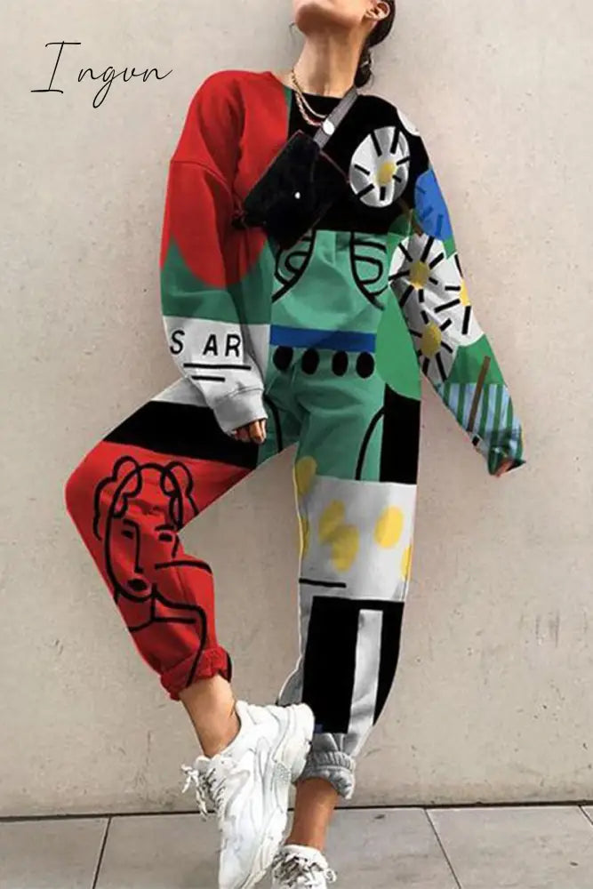 Ingvn - Casual Sportswear Print Contrast O Neck Long Sleeve Two Pieces