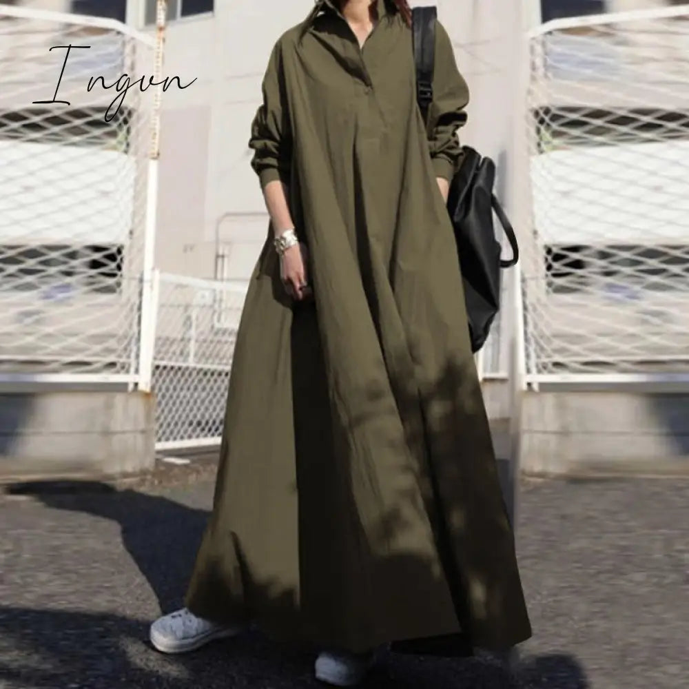 Ingvn - Summer Stylish Women Vintage Long Sleeve Loose Sundress Casual Long Maxi Dress Kaftan Femme Solid Party Vestido Robe