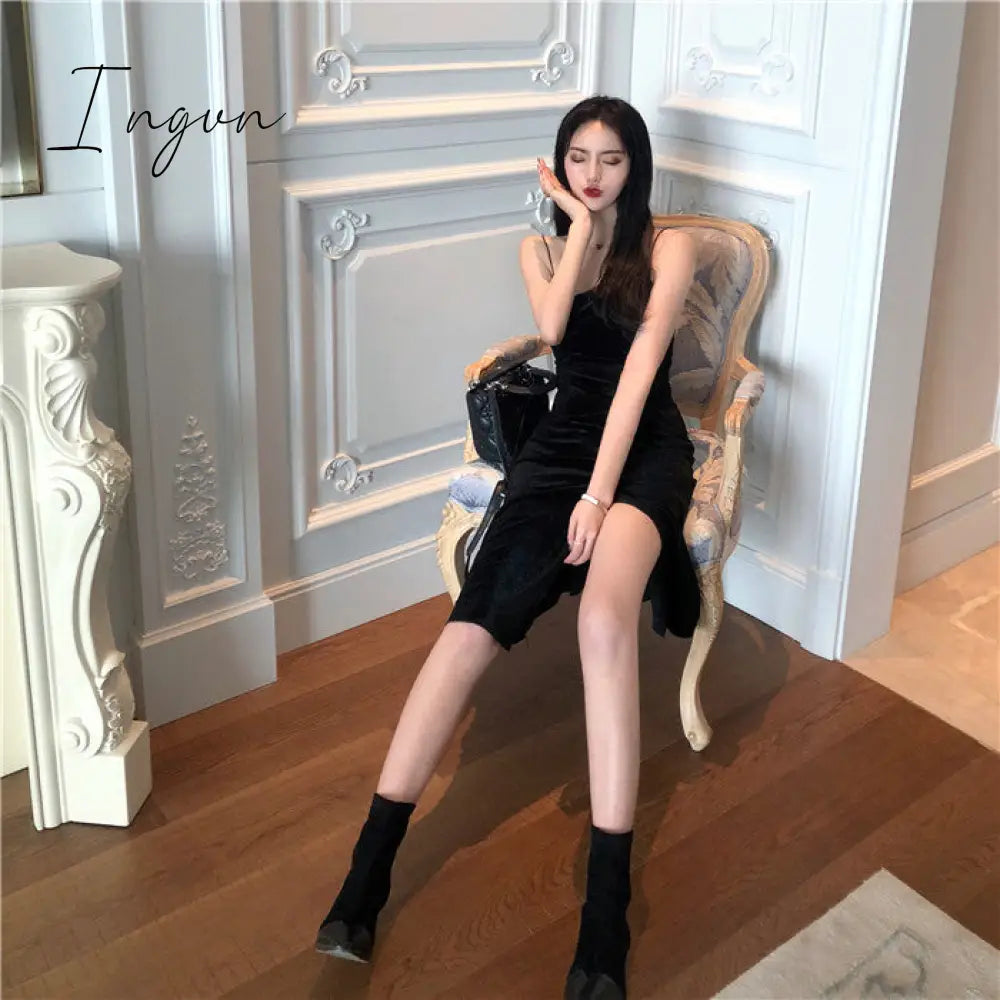 Ingvn - Brand New Women Dress Spaghetti Strap Slit Velvet Black Dress Sexy Bodycon bandage Dress Midi Party Dress Vestidos Verano