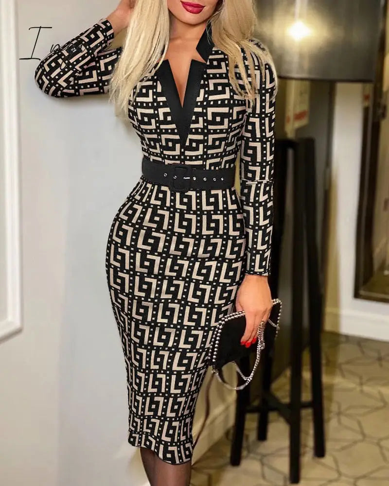 Ingvn - Spring Outfits Trends Office Lady Long Sleeve V-neck Maxi Dress Spring Autumn Vintage Print Slim High Waist Belted Vestidos De Mujer Elegant Dresses