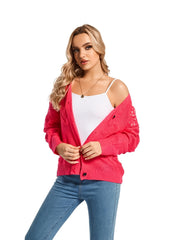 Beaded Heart Pattern Knit Cardigan, Casual Button Down Long Sleeve Sweater, Women's Clothing