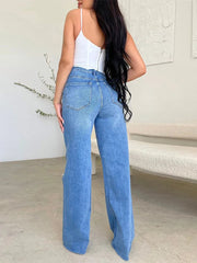 Ingvn  Women's Denim Pants  Summer Fashion High Waisted Handmade Frayed Edge Wide Leg Pants Streetwear Ripped Baggy Jeans
