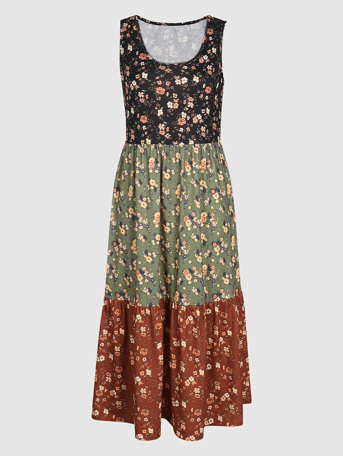 Fashionable Color Block Floral Print Tank Dress - Stylish Crew Neck, Flouncy Tiered Ruffles, Sleeveless - Versatile Casual Womens Summer Wear