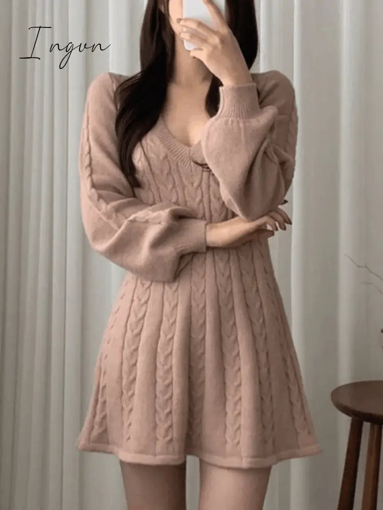 Ingvn - V Neck Cable Knit Long Sleeve Mini Dress