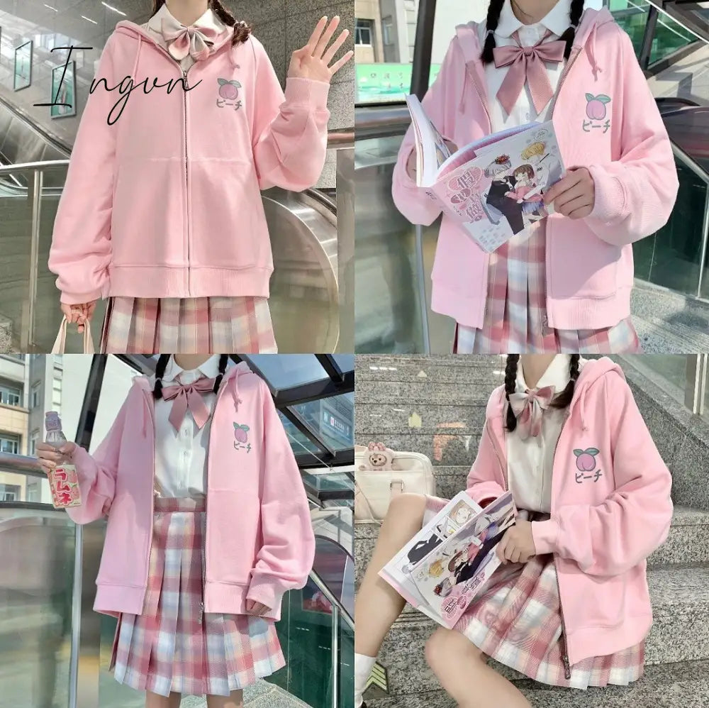 Ingvn - Harajuku Sweet Fruit Print Women Hoodie Pocket Spring Loose Thin Zipper Sweatshirt Girl Cute Pink Plus Size Clothes Among Us