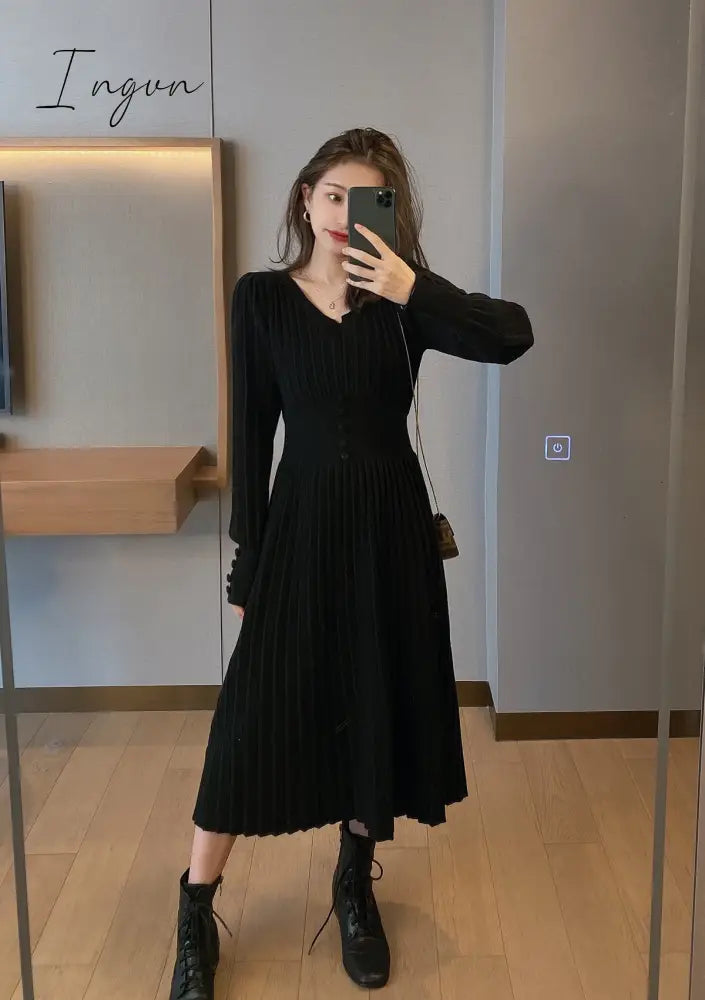 Ingvn - Knitted Dress Women Casual Long Sleeve Vintage Elegant Office Sweater Dress Female Spring One-piece Dress Korean Outerwear