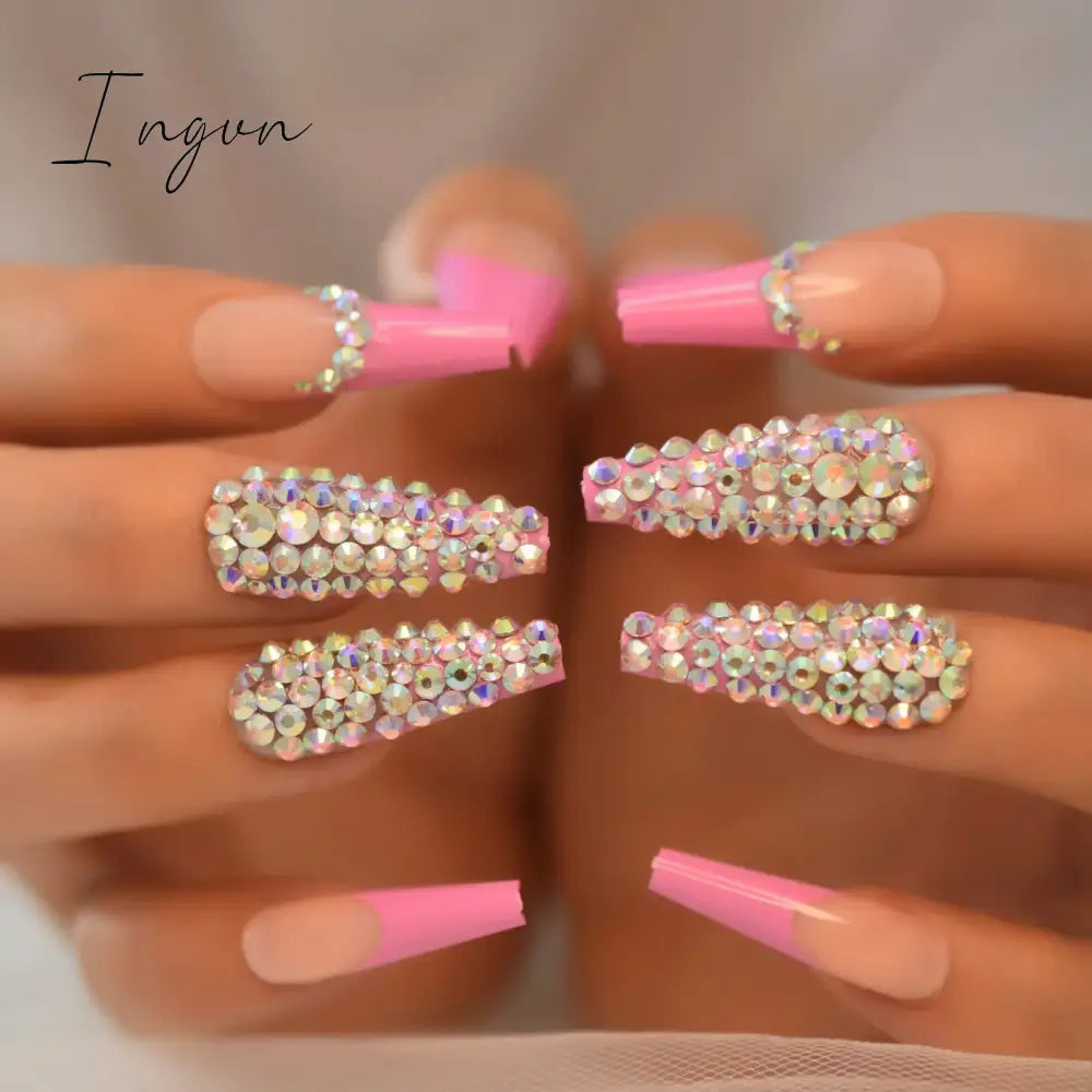 Extra Long Stiletto Press on False Nails Full Cover 3D Rhinestone Fake Nails Manicure Nail Art Tips Set for Wedding Party