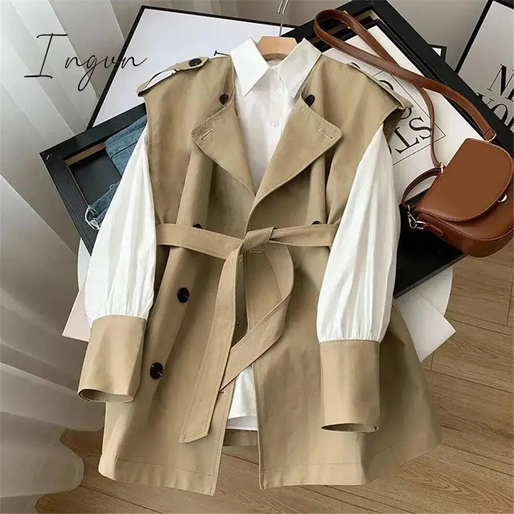 Ingvn - Office Ladies Temperament Top 2pcs Sets Tie Waist Trench Coat Vest +White Shirt Stitching Sleeves Women Korean Fashion Suit