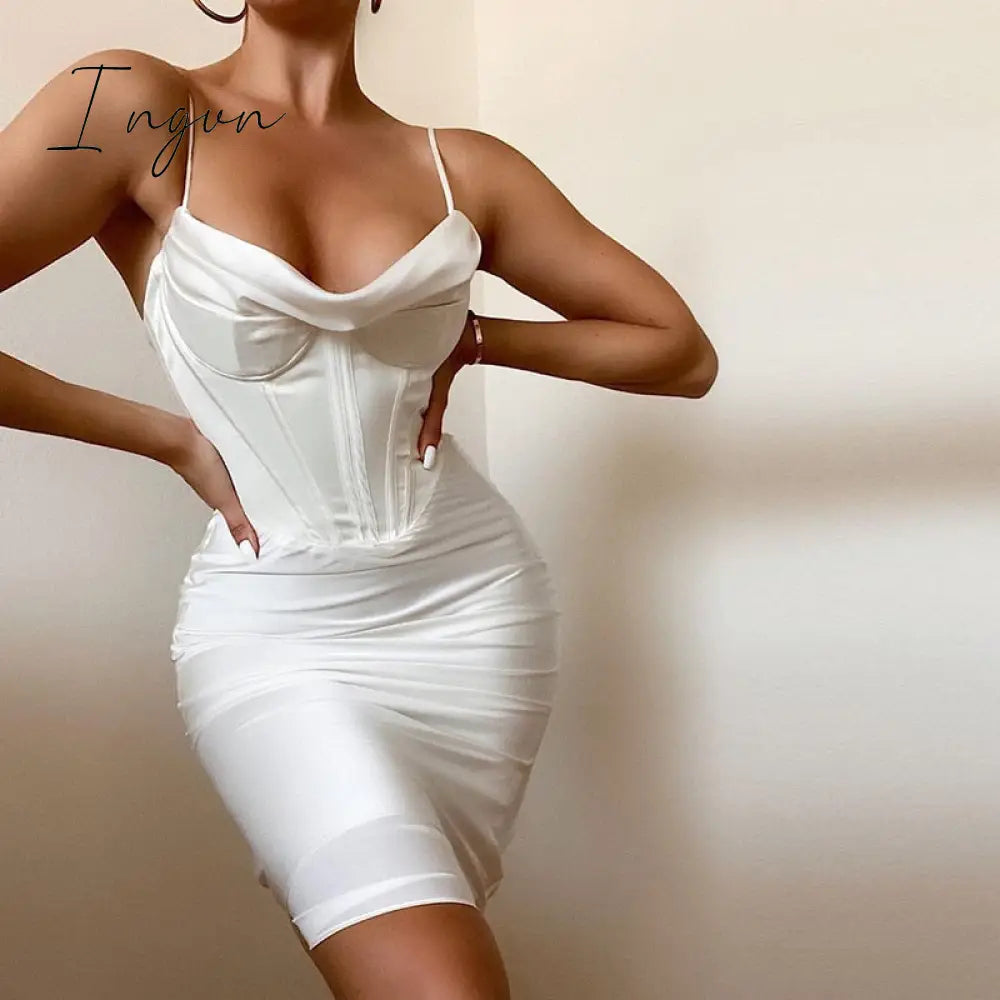 Ingvn - trends high quality Giyu Night Clubwear Party Satin White Dresses Women Summer Sexy Bodycon Midi Vestidos Spaghetti Strap Backless Corset Dress