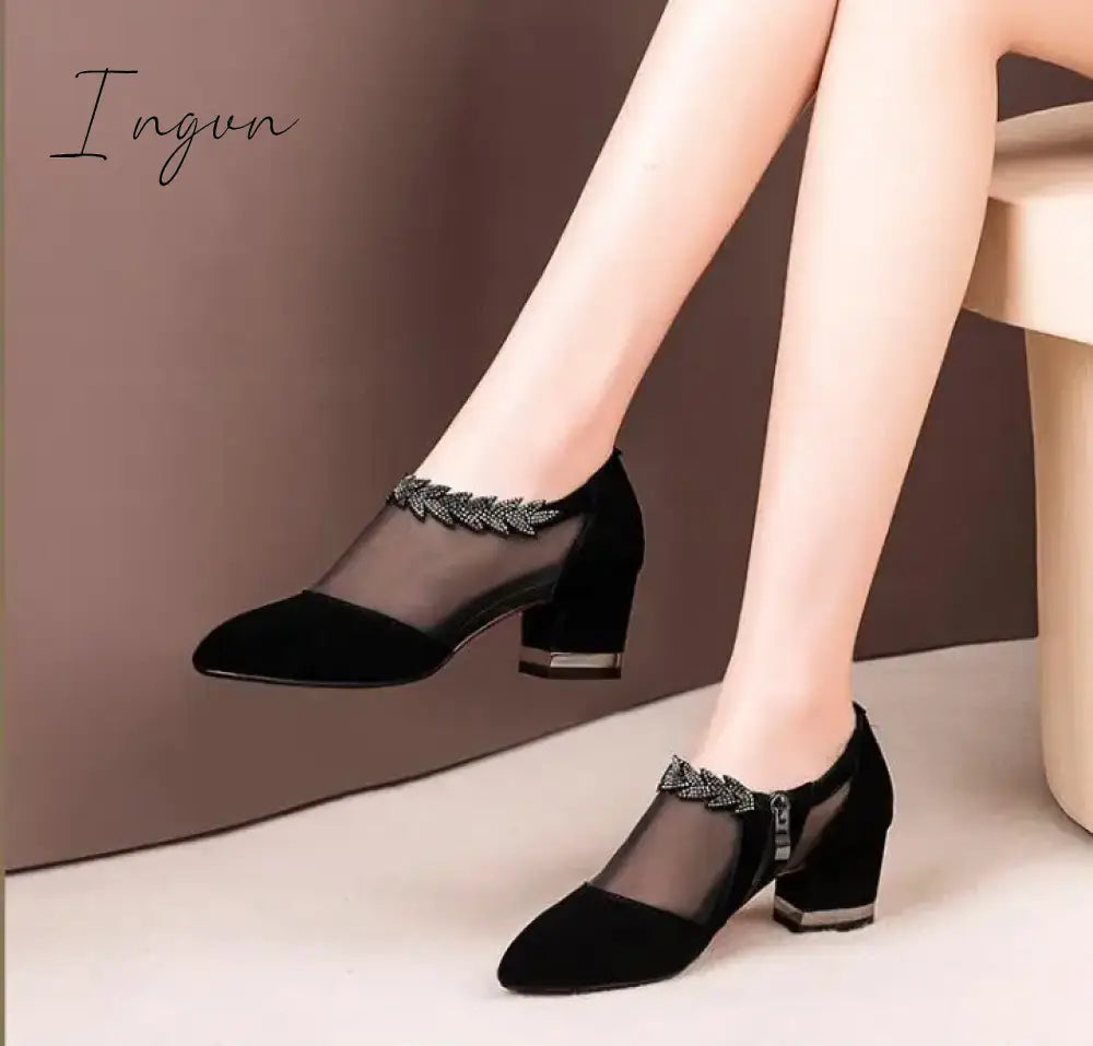 Ingvn - 2024 Women High Heel Shoes Mesh Breathable Pumps Zip Pointed Toe Thick Heels Fashion Female Dress Shoes Elegant Footwear