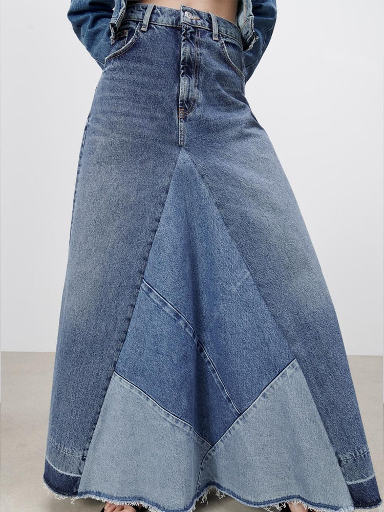 Voguable  denim skirt  spring new women's clothing Versatile fashion high waist contrast color patchwork casual denim skirt series