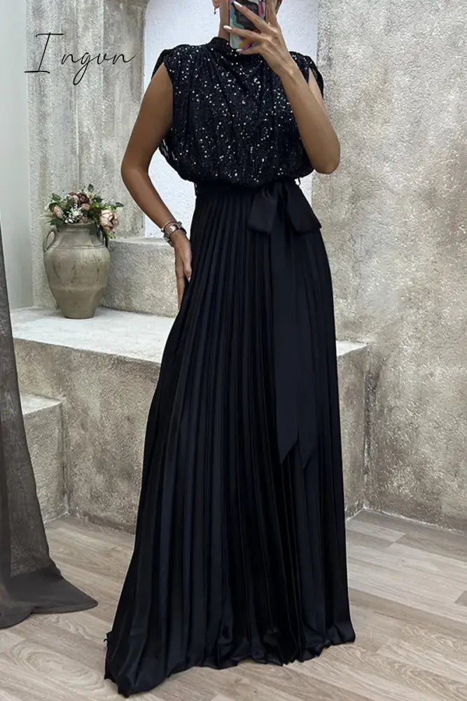 Ingvn - Elegant Solid Sequins Frenulum Fold Half A Turtleneck Evening Dress Dresses