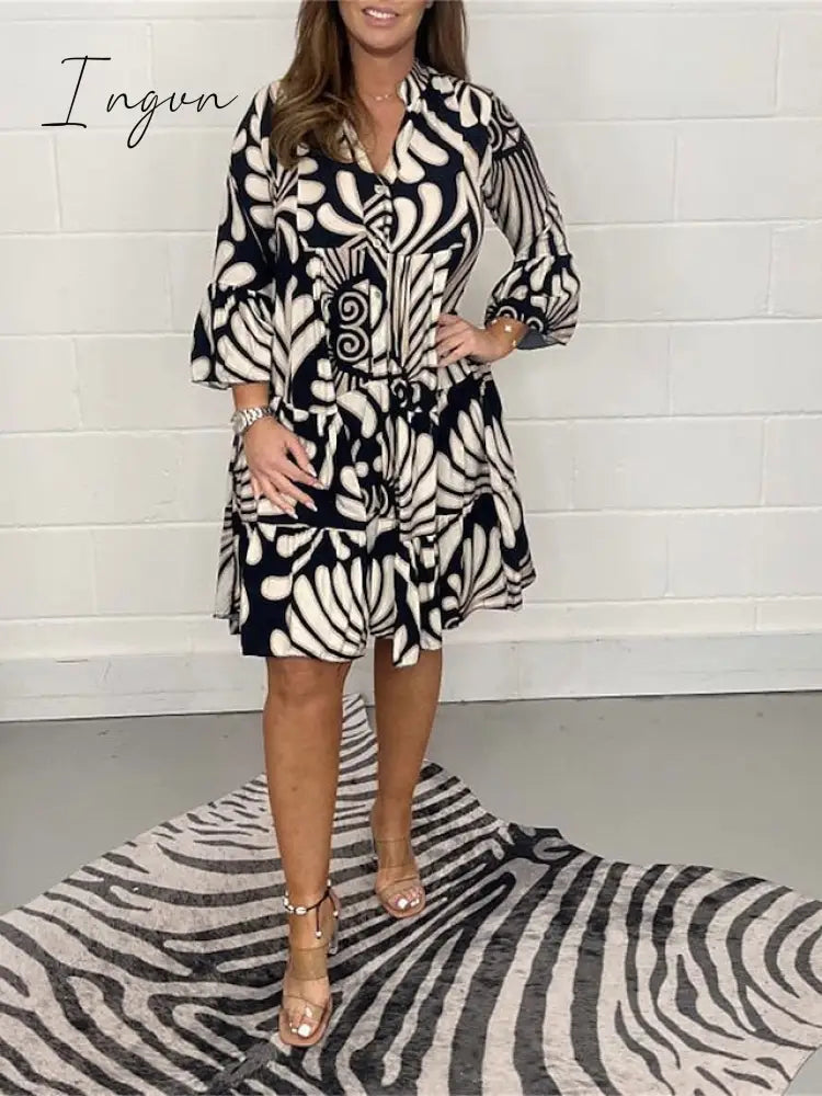 Ingvn - Women's Casual Dress Print Dress Spring Dress Floral Ruffle Button Split Neck Midi Dress Fashion Classic Outdoor Daily 3/4 Length Sleeve Regular Fit Black Blue Green Summer Spring S M L XL XXL
