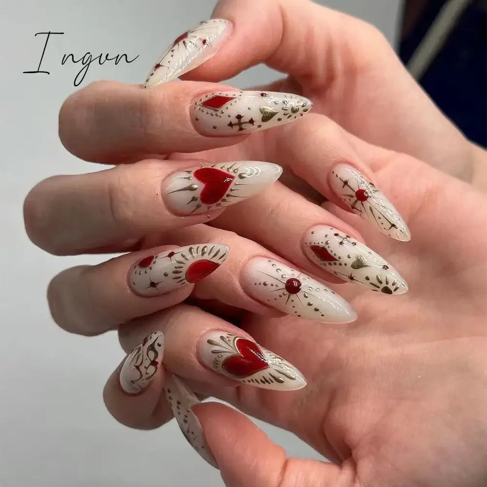 2024 New Ramadan Style False Nails with Gold Moon Star Design Almond Red French Fake Nail Patch Full Cover Detachable Manicure