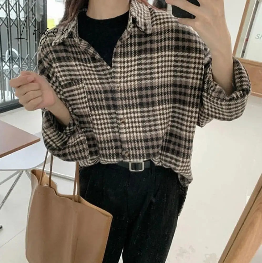 Ingvn - Blouse Women Woolen Plaid Coat Plaid Shirt for Women Thickened Long Sleeve Top Shirt Blusas Ropa De Mujer