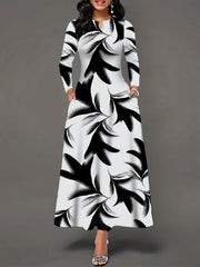 Stylish Women's Long Sleeve Maxi Dress with Pockets - Elegant Leopard Print, Crew Neck, Stretchy Polyester Blend for Fall/Winter