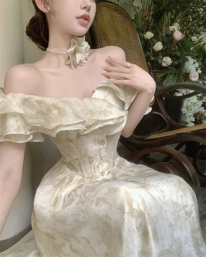 French Vintage White Strapless Midi Dresses for Women Summer New Elegant Party Sleeveless Slim Evening Prom Female Clothing