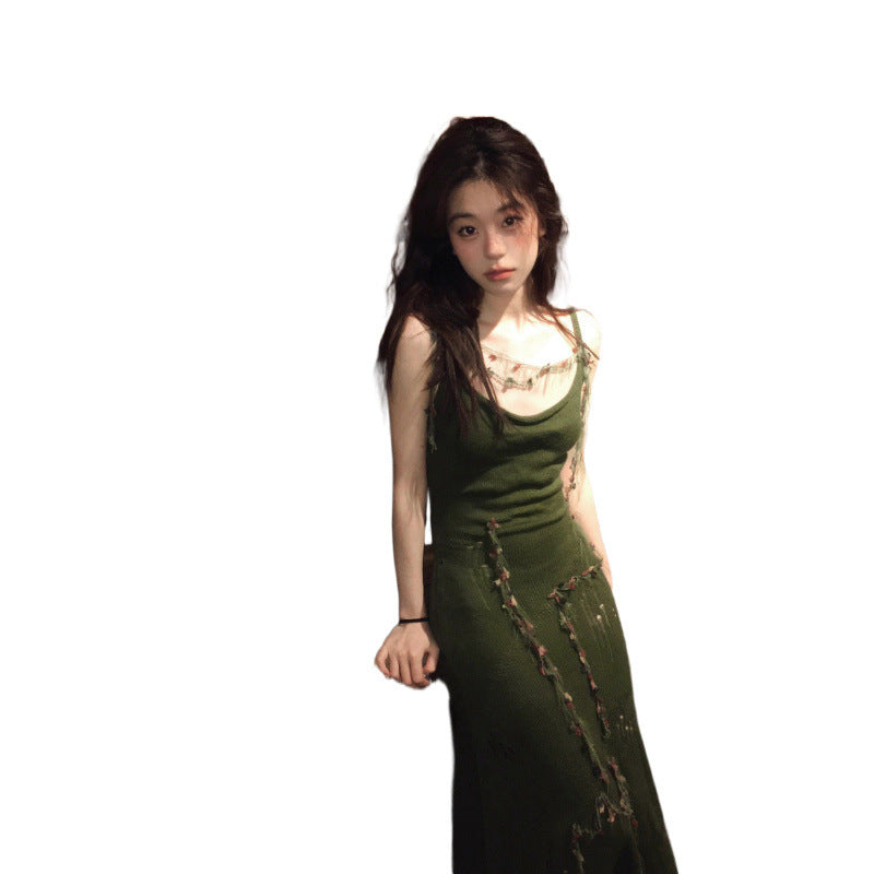 Pphmm outfit inspo Spring and Autumn Retro Green Knitted Sling Dress Women's Hot Girl Style Tight Waist Outer Wear Ripped Sheath Long Skirt