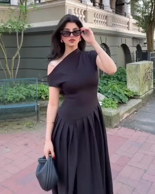 women's explosion round neck slanted shoulder short sleeve big dress