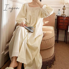 Ingvn - Women Sleepwear French Style Cotton Princess Dress Vintage Ladies Long Sleeves Nightgowns Square Neck Pleated Nightdress