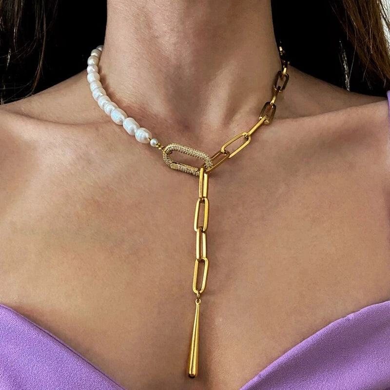 INGVN  Real Natural Baroque Freshwater Pearl Stainless Steel Chain Choker Necklace for Women Girl Gift,Popular White Pearl Jewelry