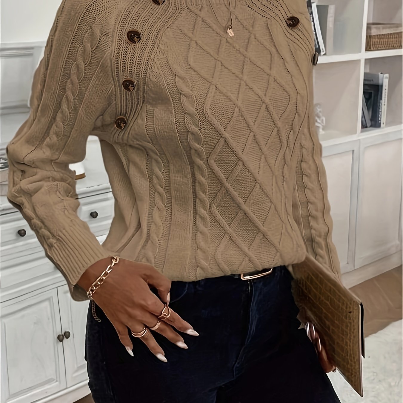 Solid Cable Knit Sweater, Casual Crew Neck Long Sleeve Sweater, Women's Clothing