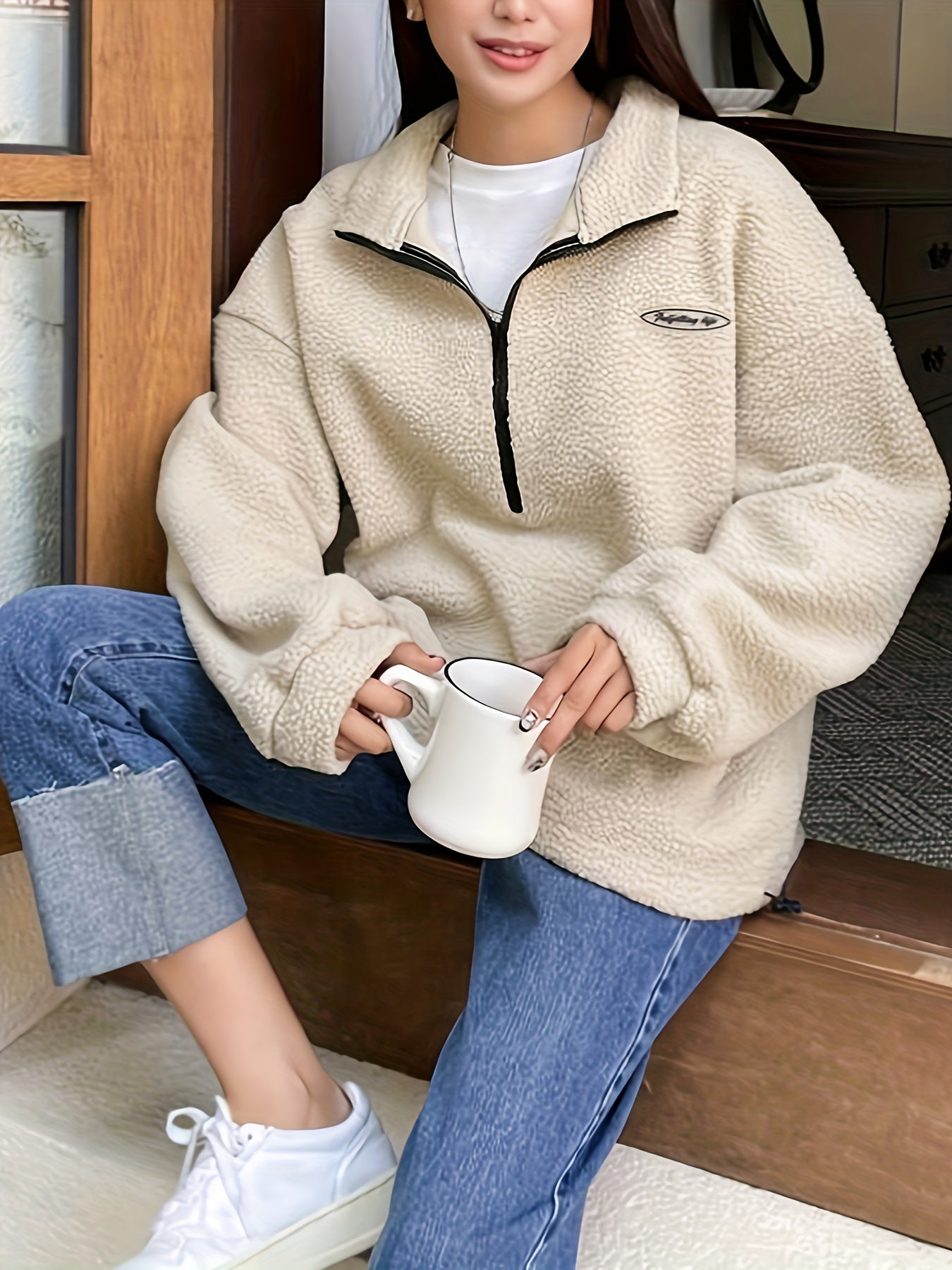 Solid Zip Front Plush Pullover Sweatshirt, Casual Long Sleeve Sweatshirt, Women's Clothing