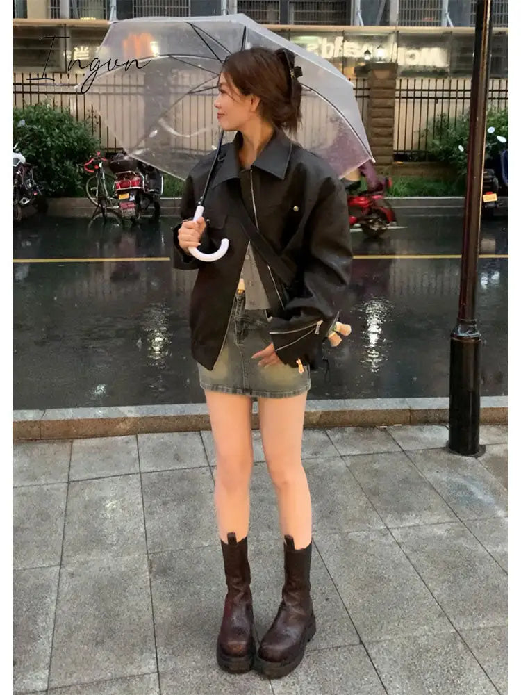 Ingvn - 2023 Autumn Vintage Leather Jackets Women Outwear Casual Long Sleeve Loose Korean Coats Office Lady Y2k Clothing Chic